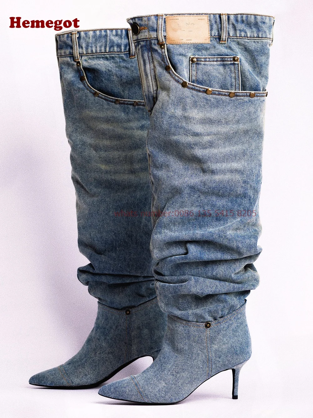 Denim Pants Boots Pointy Toe Pleated Over The Knee Boots for Women Winter 2024 Casual Rivet Pocket Decor Patchwork Luxury Shoes