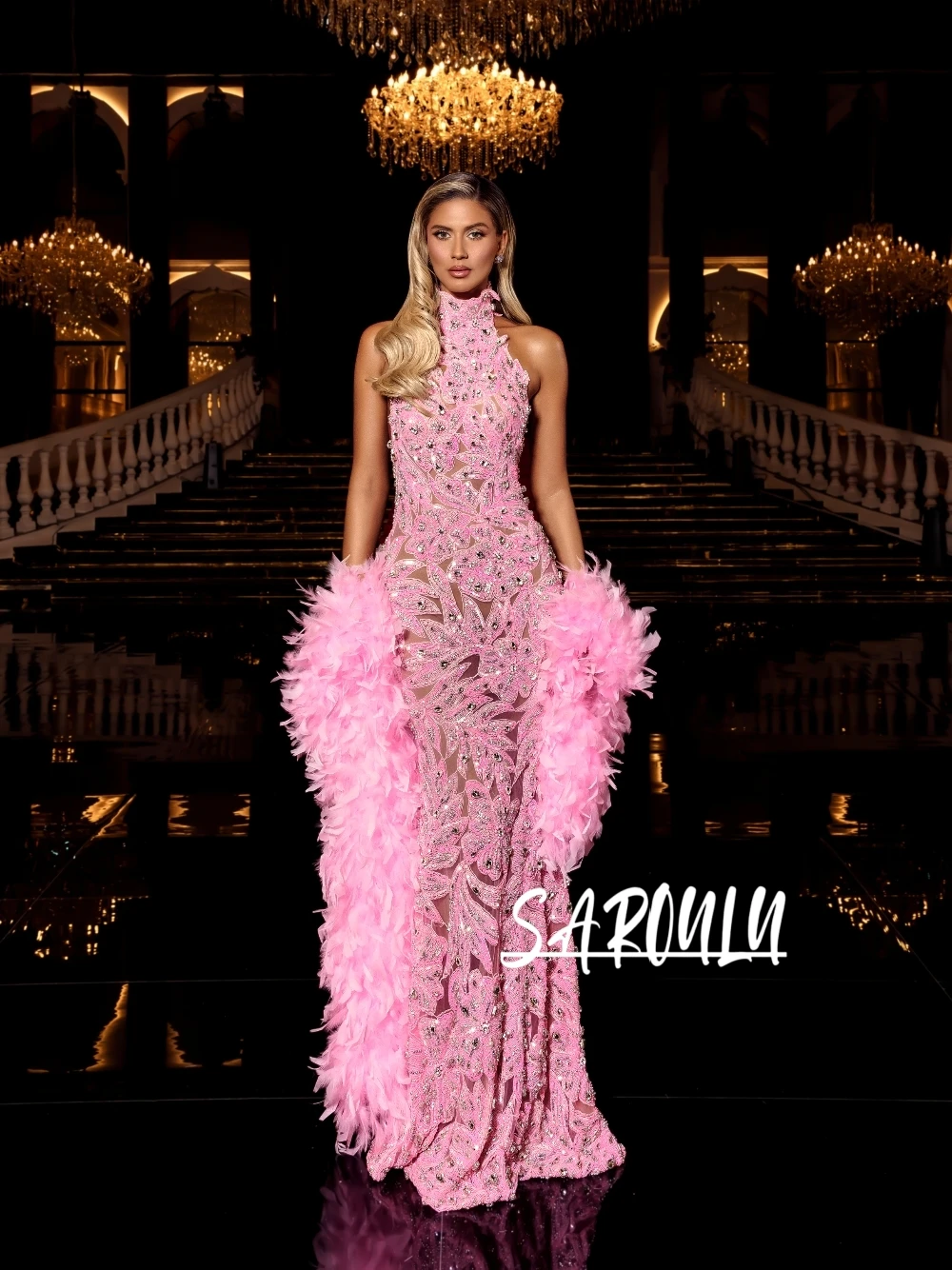 

New Sparkly Pink Rhinestone Beaded Evening Dress Unique Floral Halter Customized Sheer Mesh Mermaid Prom Gown With Feather Cape