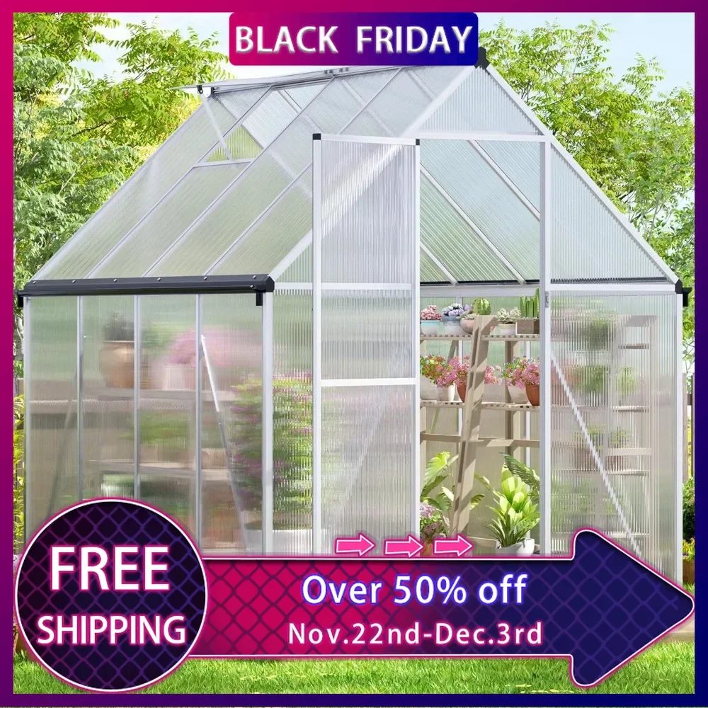 

6x8 FT Greenhouse, Polycarbonate Greenhouse and Roof Vent, Large Aluminum Walk-in Greenhouse for Outside Garden Backyard, Silver