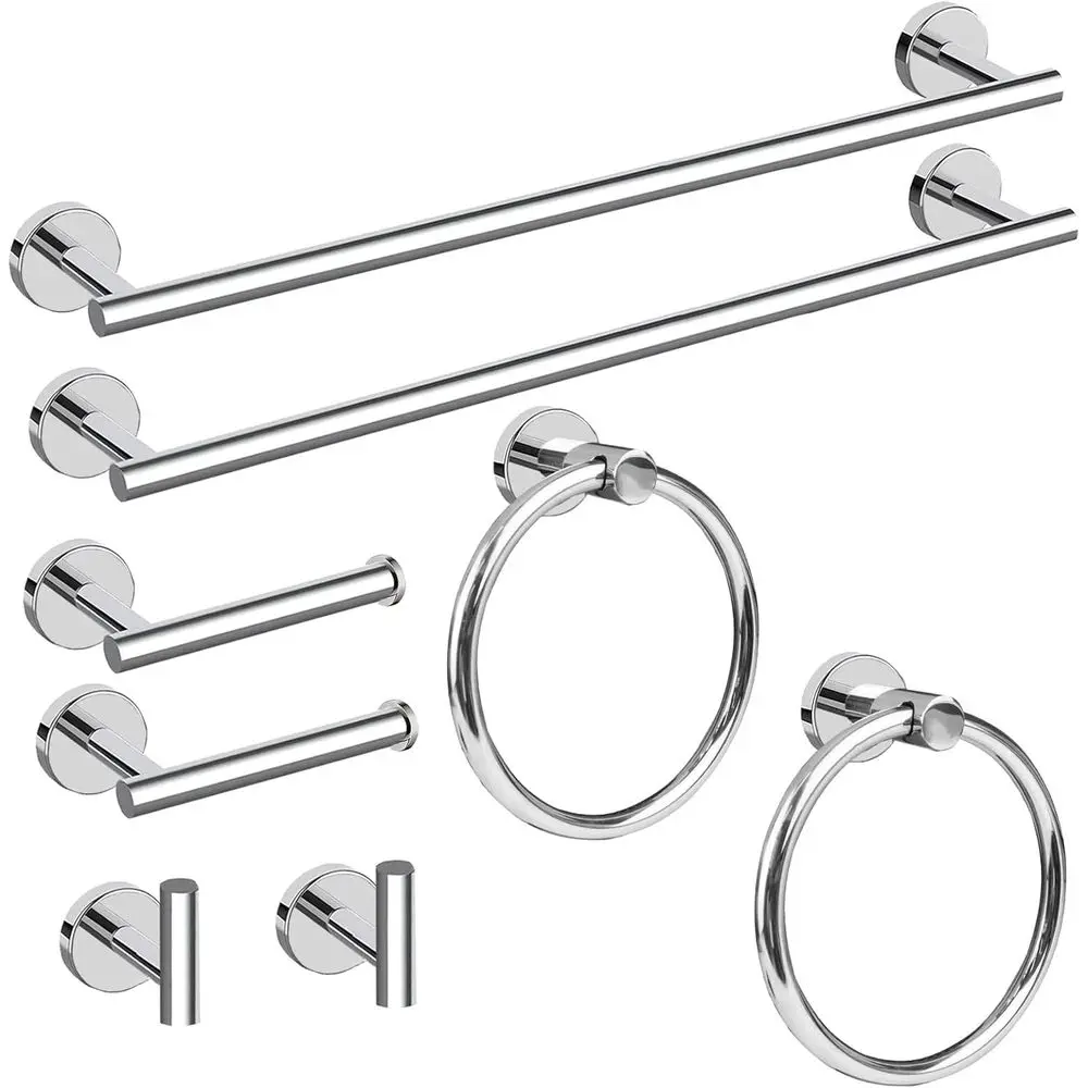 

24 Polished Chrome Bathroom Hardware Set: Towel Bar, Ring, Paper Holder, Robe Hook, SUS304 Stainless Steel Accessories