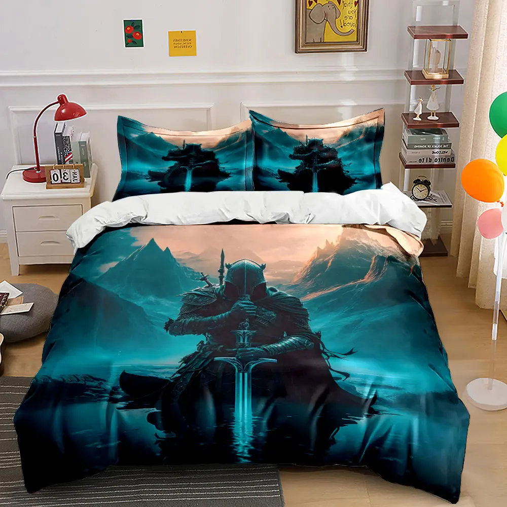 Dark warrior stands in lake Bedding Set for Kids Luxury Gift 3pcs Digital Print Comforter Set Soft Comfortable Breathable