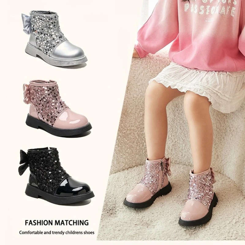 

Зимние ботинки для девочек, новинка 2022 года, корейская версия, детские теплые ботинки с блестками, модные нескользящие детские хлопковые осенние ботинки на мягкой подошве для девочек