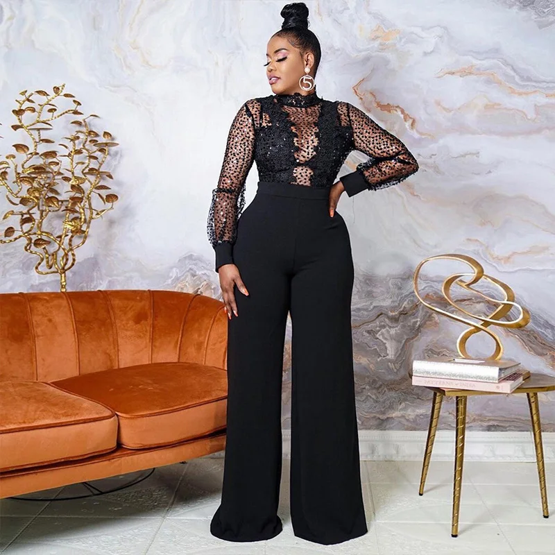 

Sexy Flower Lace Sequin Jumpsuit Women Elegant Mesh Sheer Wide Leg Jumpsuits and Rompers Club Glitter Birthday Outfits Catsuit