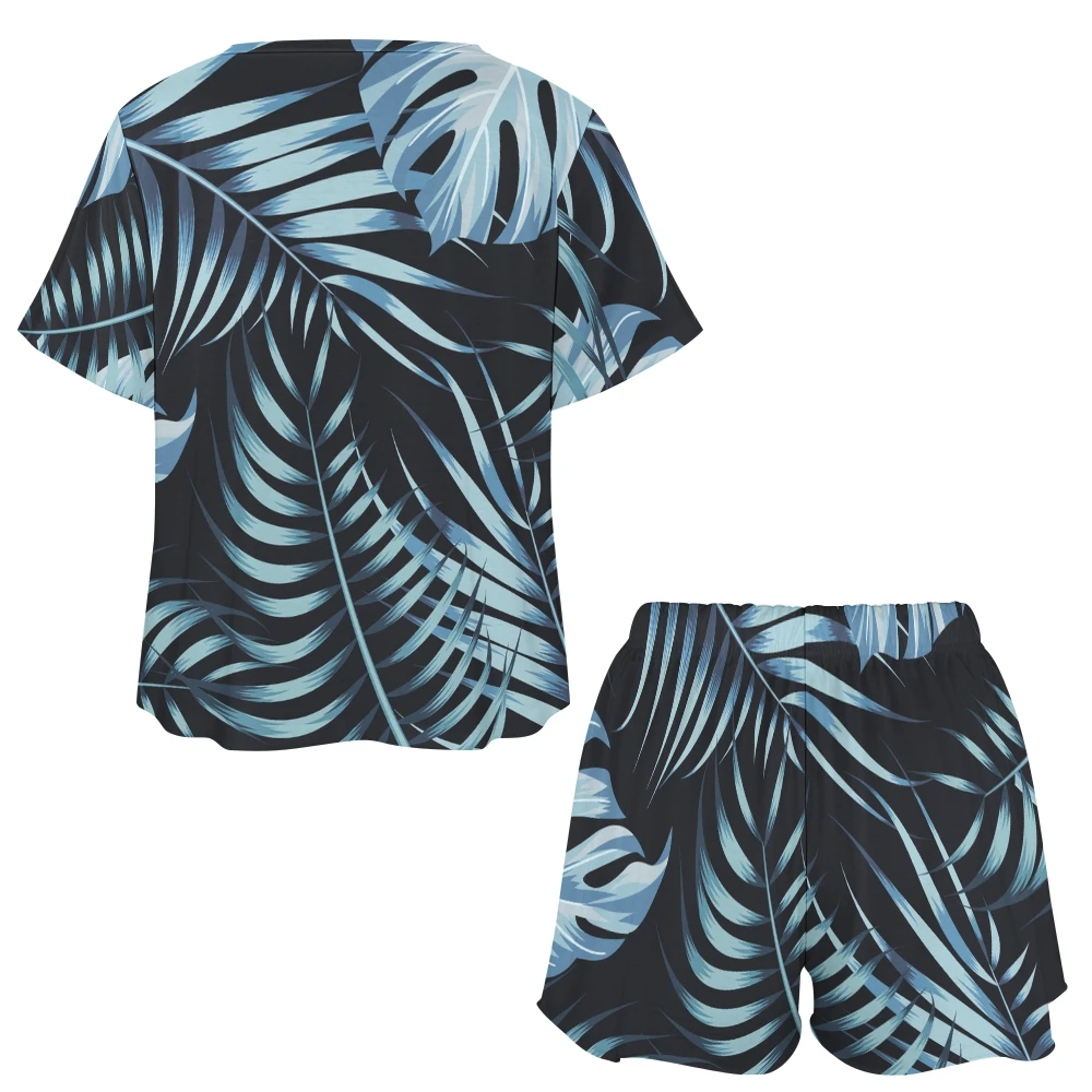 Palm Leaves Pattern Women's 2-Piece Button Down Short Sleeve Button Front Sleepwear Loungewear PJ Set Summer Home Suit