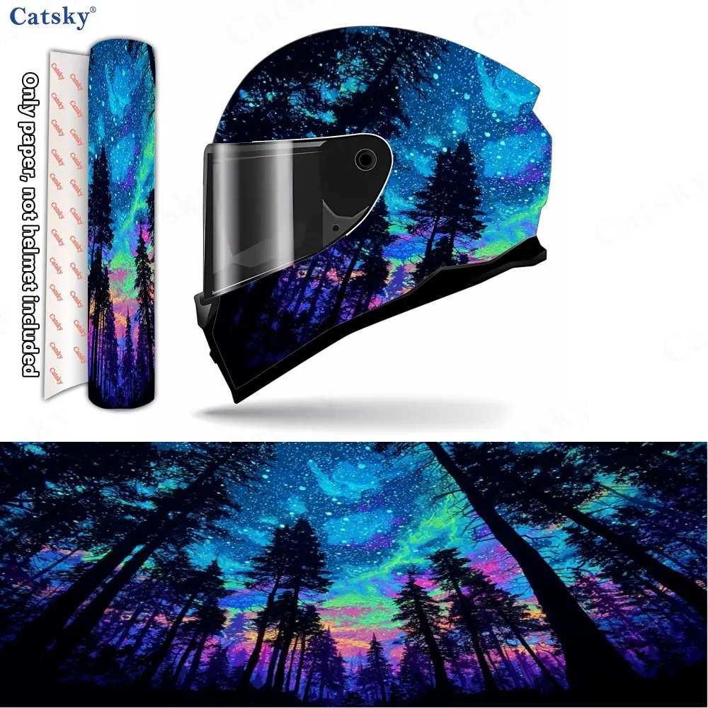 

Colorful Aurora and Deep Forest Silhouettes Helmet Vinyl Wraps, Waterproof Scratch-Resistant Full Face Helmet Decals, Durable PV