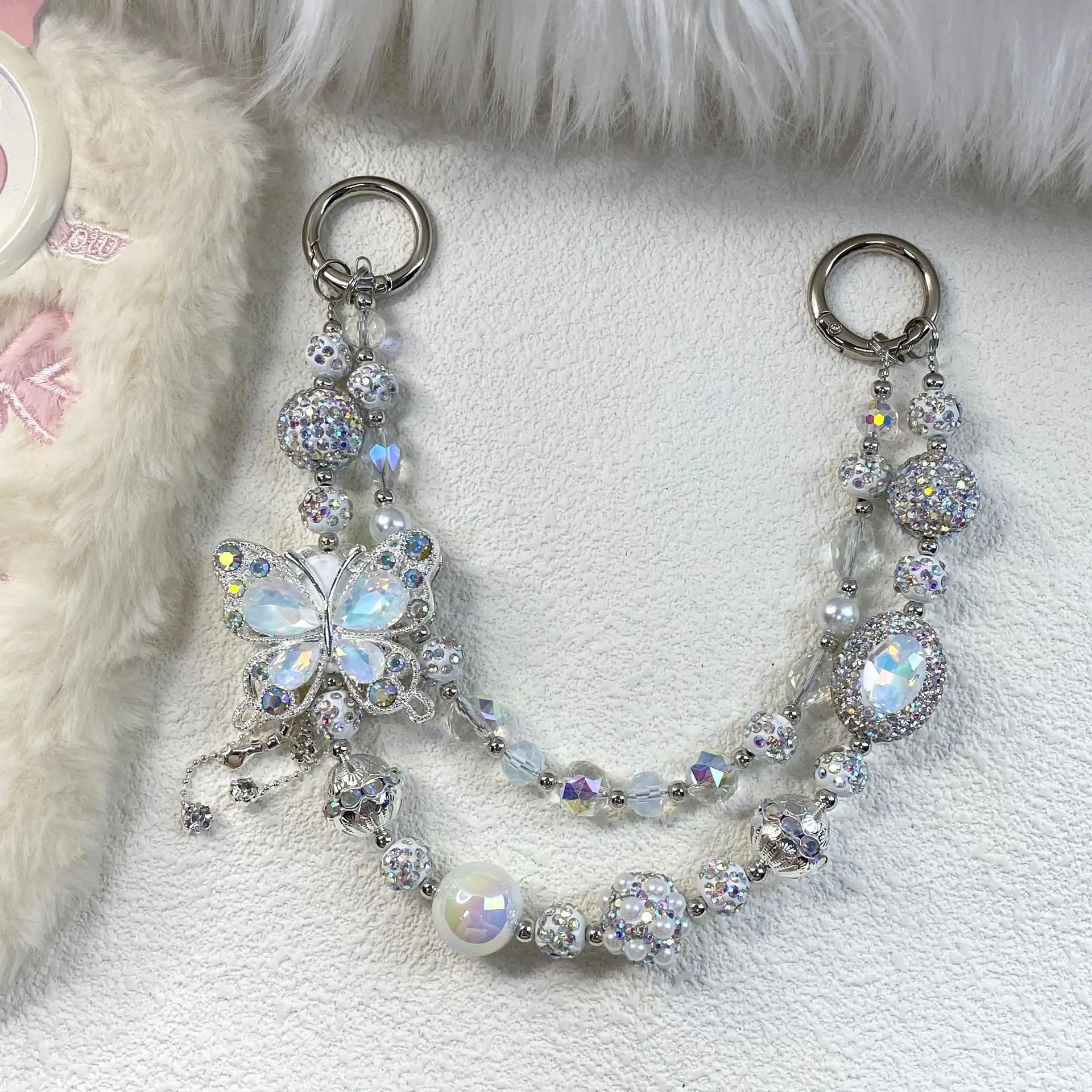 Corrente de telefone com contas feitas à mão com cordão anti-queda com franja de borboleta para celular, bolsa e chaveiro