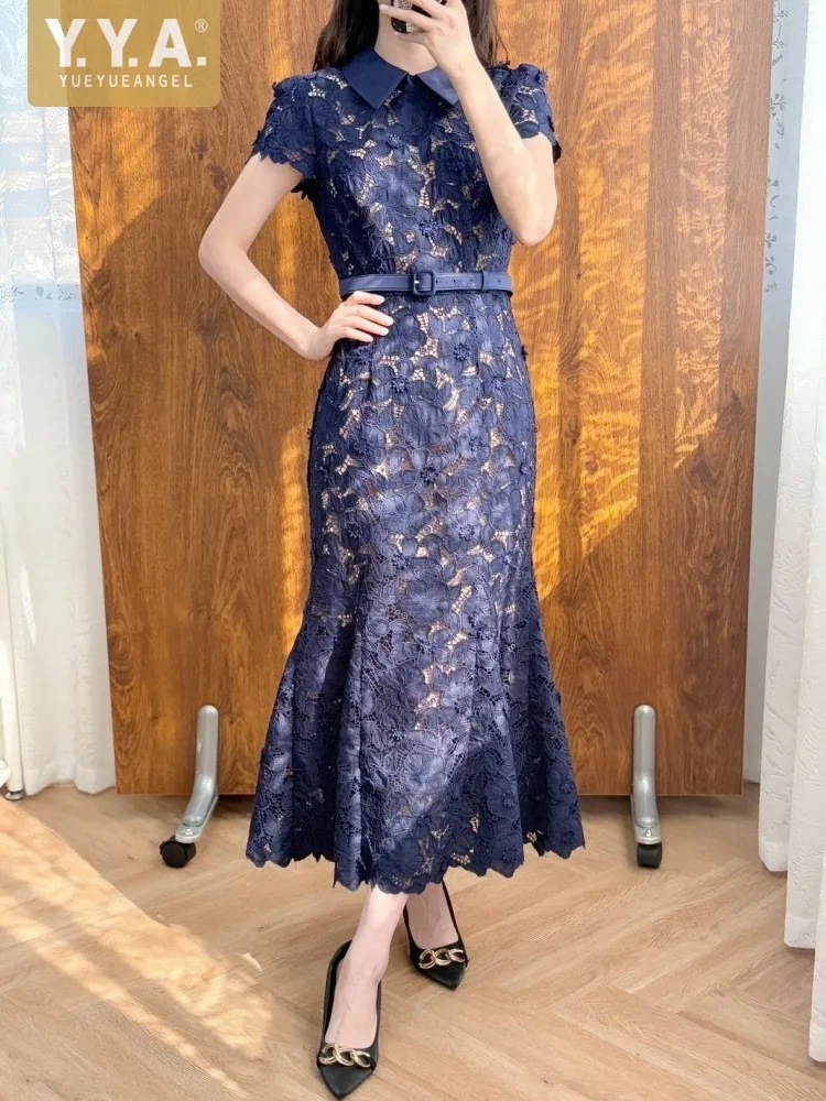 

Women Elegant Blue Turn Down Collar Belt Sleeveless Tank Dress Fashion Lady Embroidery Hollow Out Slim Fit Mermaid Skirt Dresses