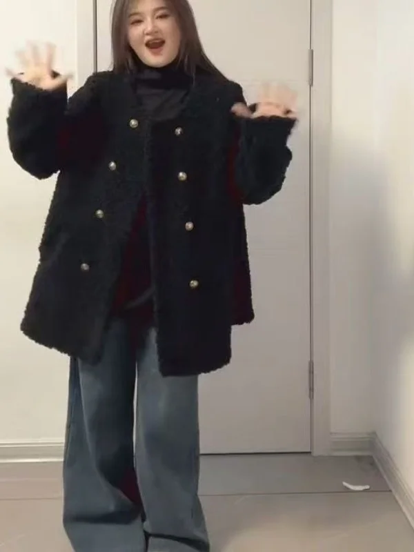 

Женское бархатное пальто Thiened Lamb, свободная теплая осенне-зимняя верхняя одежда, корейский длинный кардиган с высокой талией