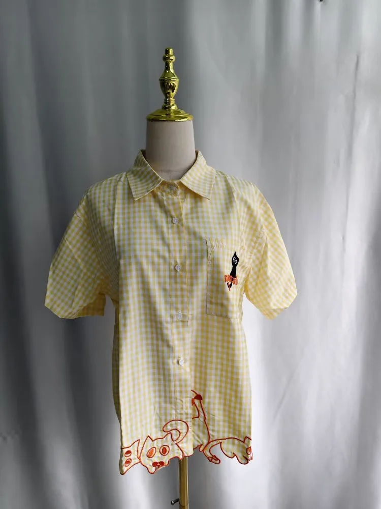Kimutomo Shirts Women Embroidery Cat Plaid Short Sleeve Sweet Fashion Vintage Y2k Aesthetic Harajuku Blouse Female Casual view 3