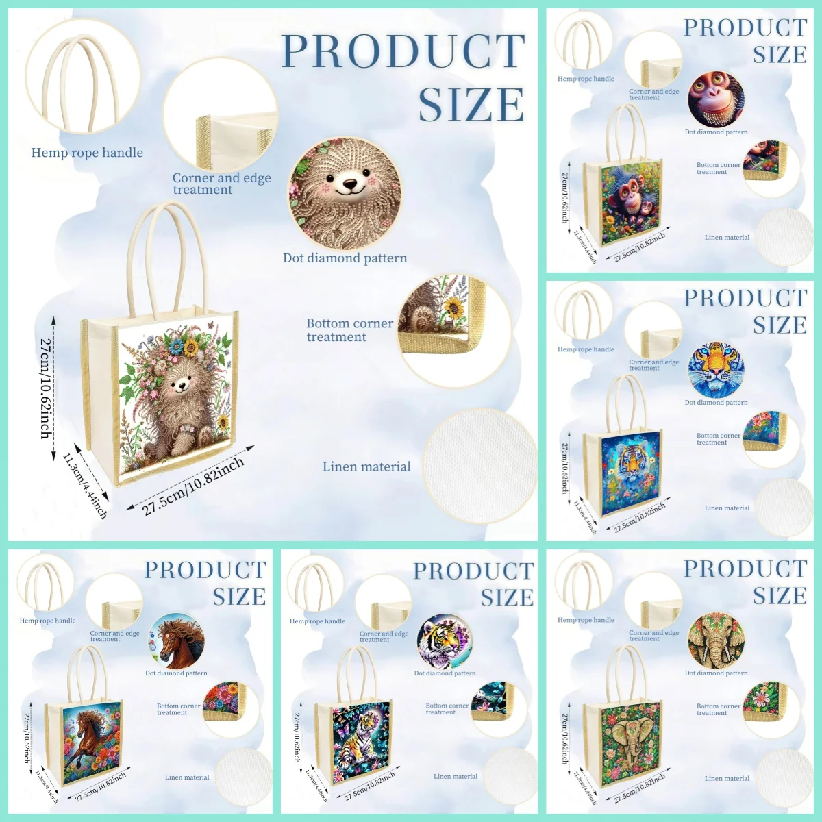 1 Piece Diamond Painting kit Shopping bag, animal Pattern, canvas Material, Interchangeable pattern, daily outing, travel Storag
