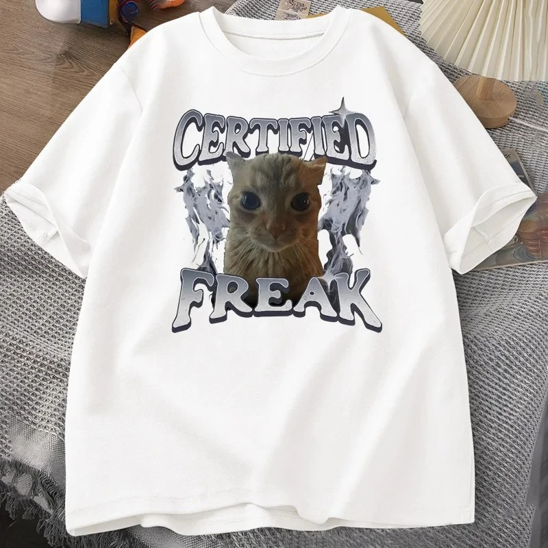 Certified Freak Funny Cat Emoji T-shirt Womens Retro Cat Graphic T-shirt Funny Pet Humor 90s Y2K Clothing T-shirt Fashion Y2K