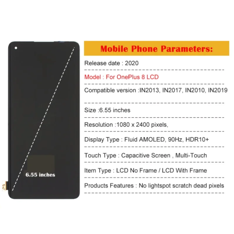 6.78 inch Display For Oneplus 8 1+8 LCD Touch Screen Digitizer Assemble For One Plus8 1+8 IN2023 LCD Display Replacement