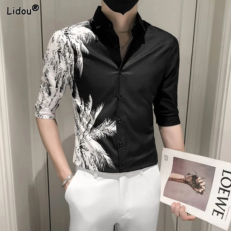 Handsome Men's Clothing Fashion Thin New Printing Asymmetrical Button Elbow Sleeve Spring Summer Turn-down Collar Man Shirts