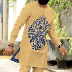 Fashion Style Spring Autumn African Men Long Sleeve Dashiki Polyester T-shirt and Suit African Men Top and Pant