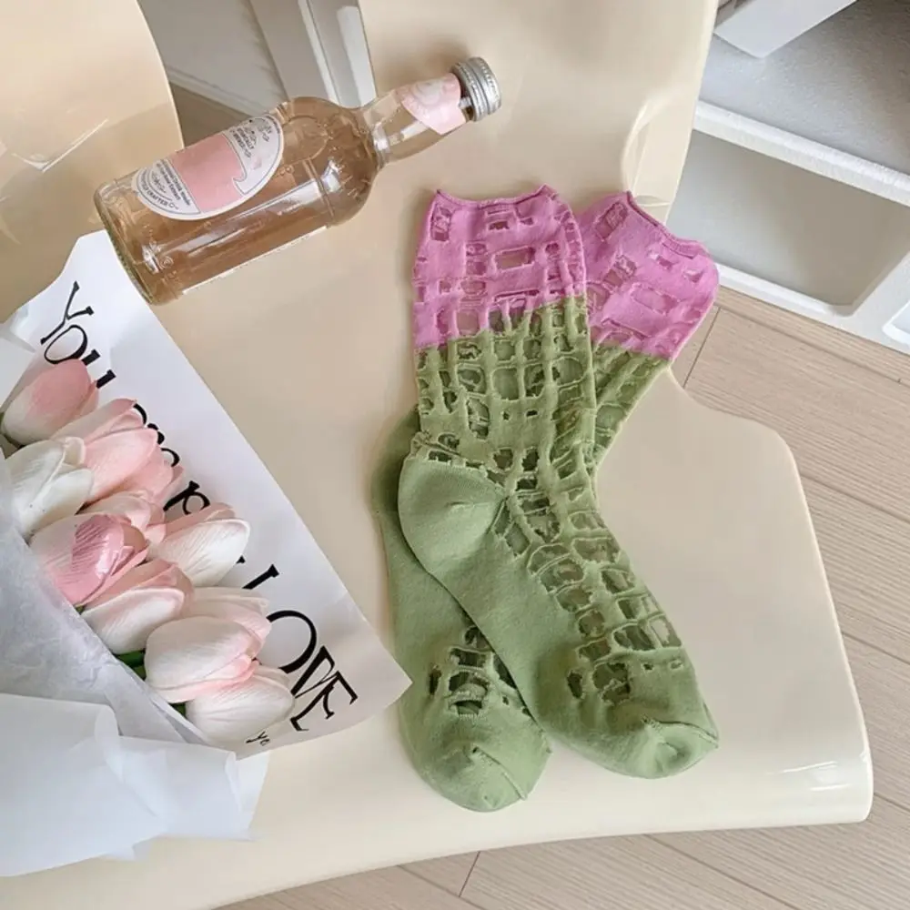 Fashion Glass Silk Ripped Tube Socks Color Blocking Breathable Hollow Mesh Socks Sweet Pile Up Women's Socks Female