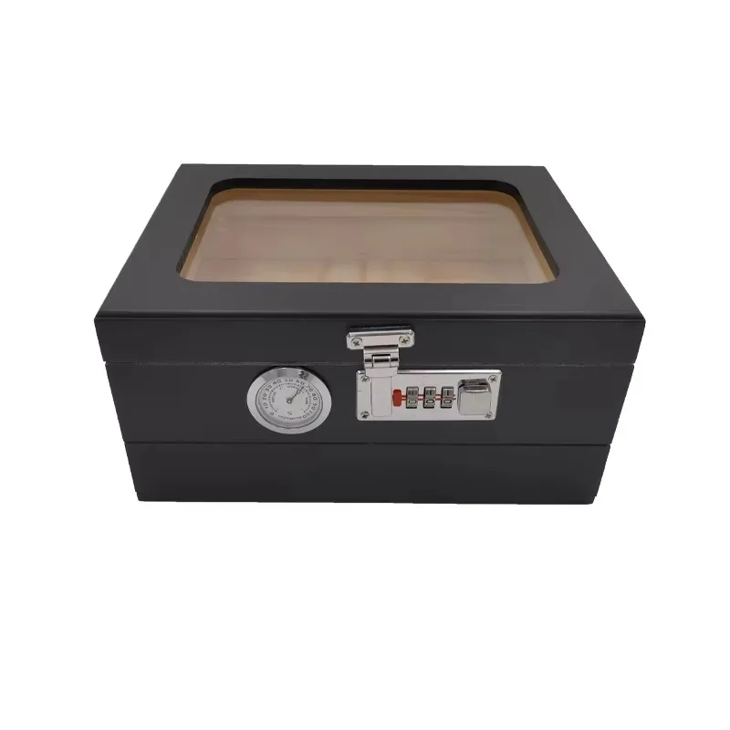 Black desktop cedar humidor combination lock function with front hygrometer