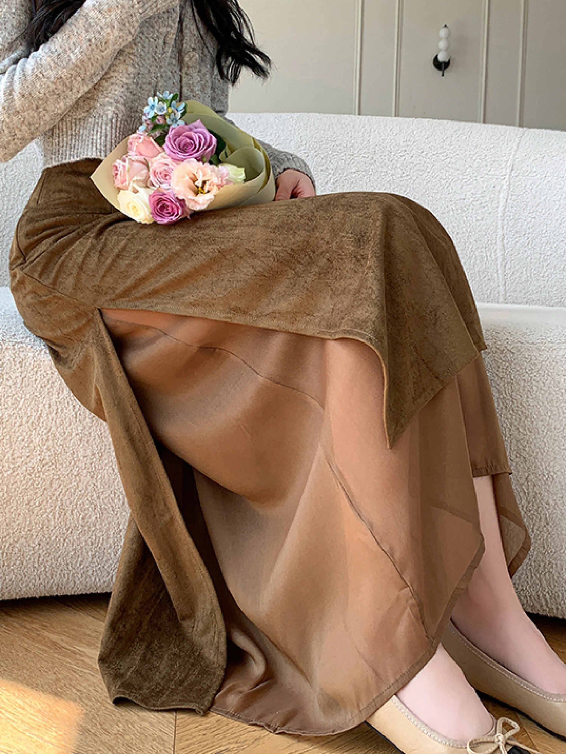 

Retro Tie Dye Deer Skin Velvet f Skirt Women's Autumn Winter Design Sense Splice Fake Two-Piece Split A-Line Straight One-...