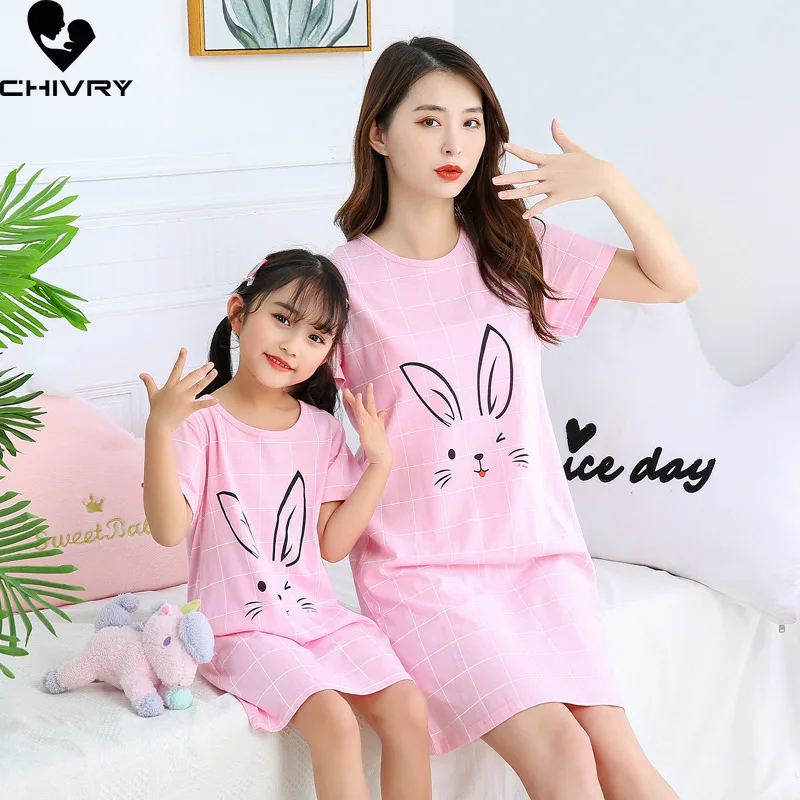 

New Mother Daughter Summer Nightdress Short Sleeve Cartoon Loose Dress for Girls Women Mom Mommy and Me Nightgowns Pajamas