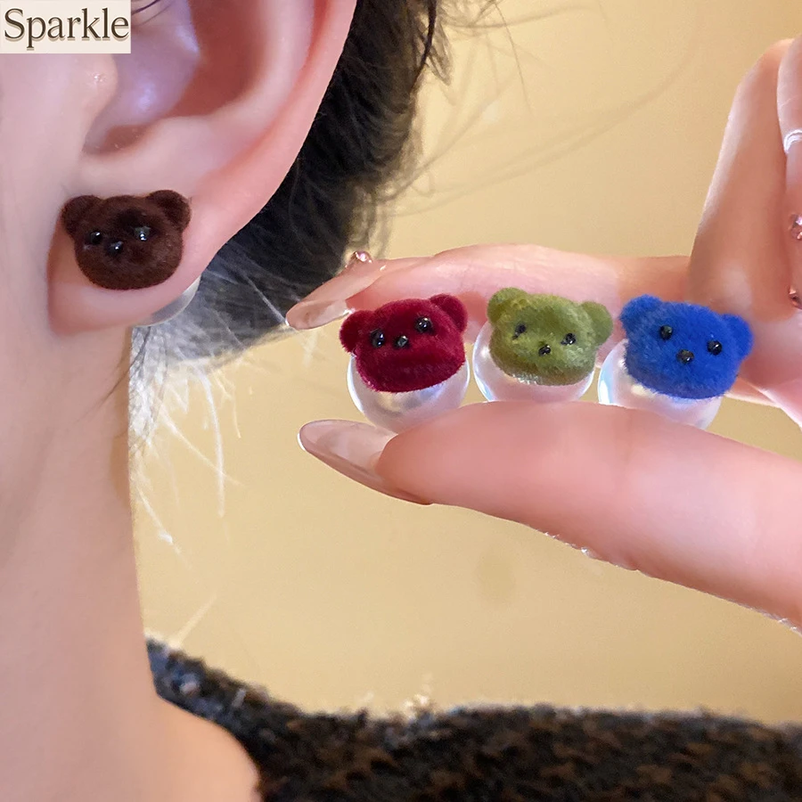 Cute Flocked Bear Pearl Stud Earrings Minimalist Cartoon Ear Jewelry Autumn Winter Sweet Earrings Ear Accessories for Women