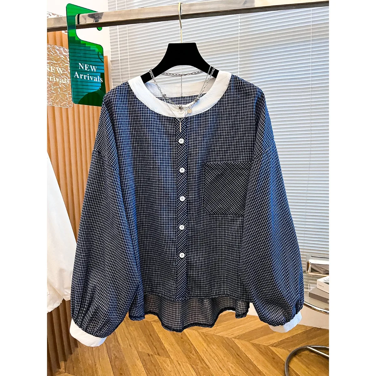 Koreaanse Sle ronde Ne Plaid irt Dames Lange Sve Losse Lantaarn Sve Top Agel Vroege Herfst Faion Casual irt