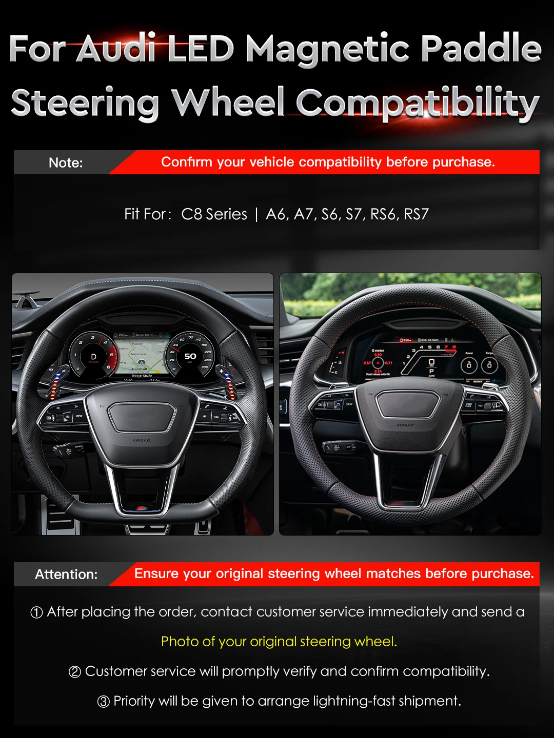 MC LED Carbon Fiber Steering Wheel Magnetic Paddle Shifters Extension,For AUDI A6 A7 S6 S7 RS6 RS7 New Shift Paddles