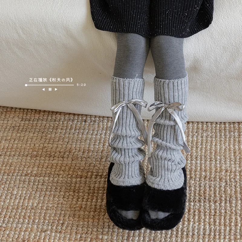 

Kids Leg Warmers INS Fashion Solid Color Knitted Boot Cuff with Bow Winter Warm Leg Warmers for Girls Retro Over The Knee Socks