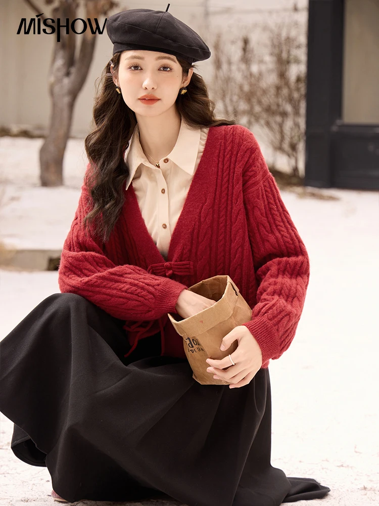 MISHOW V-neck Knitted Sweater Cardigan Women Autumn Winter New Year Knitwears Ladies Loose Twist Jumpers Top Woman MXC58Z0479