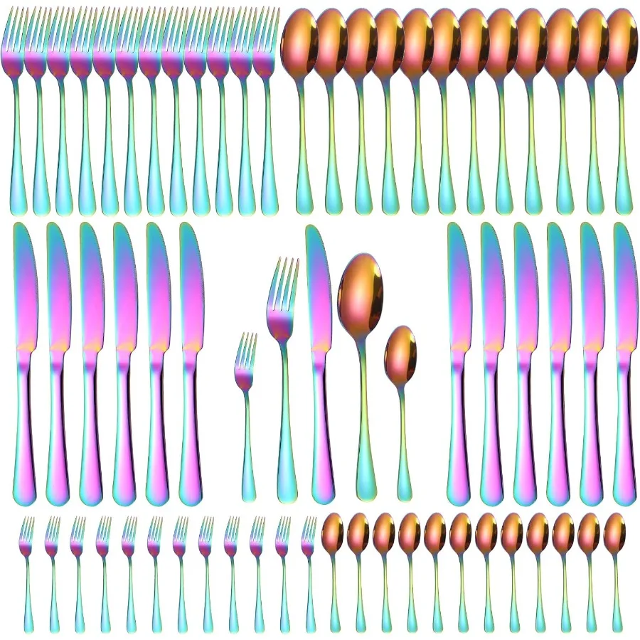 

Набор радужных столовых приборов для 12 цветных столовых приборов, 60 предметов, столовые приборы из нержавеющей стали, красочная ложка, вилка, нож, кухонная утварь Res