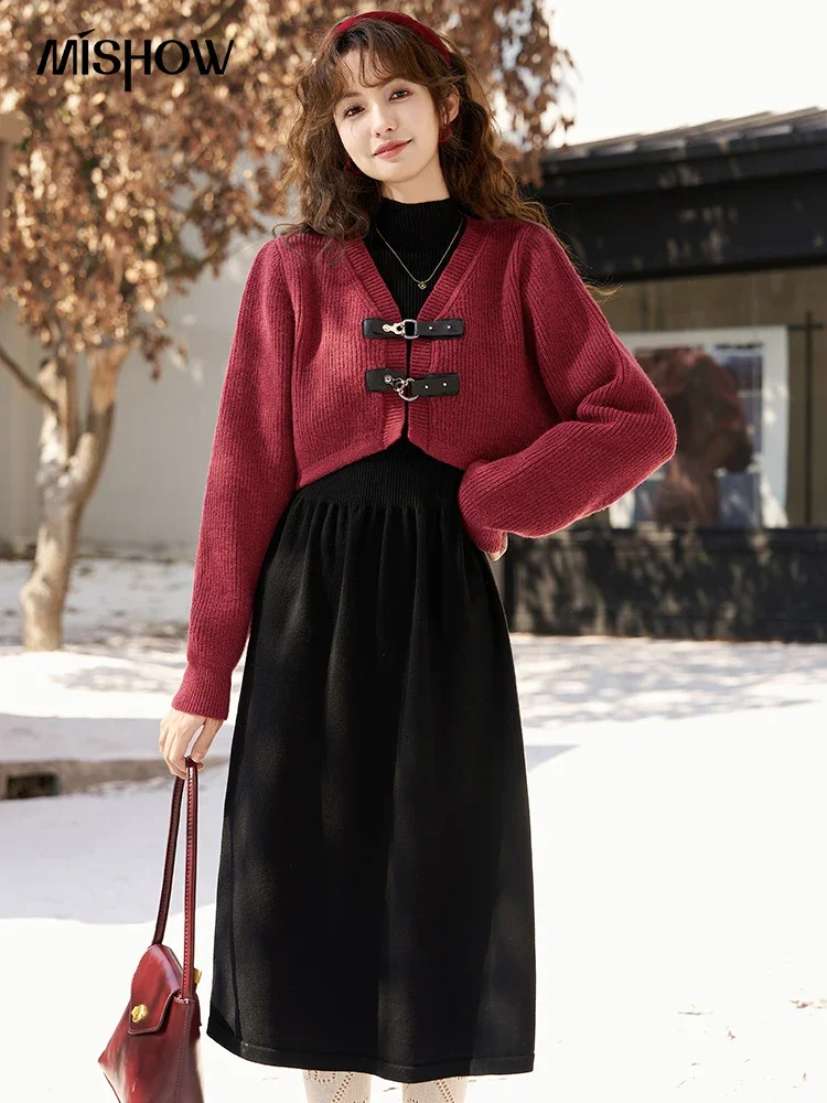 MISHOW Knitted Dress Solid Cardigan Separately Women Winter V Neck Sweater Midi A-line High Waist Dress Short Tops MXC59L1646