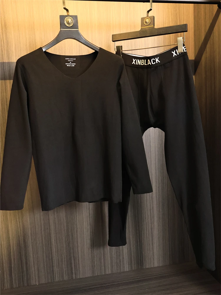 Soft Skin-Friendly Men's Home Clothes Warmth Set Pure Color Simple Match Autumn Winter Inner Wear V-Neck Long Pants Youth