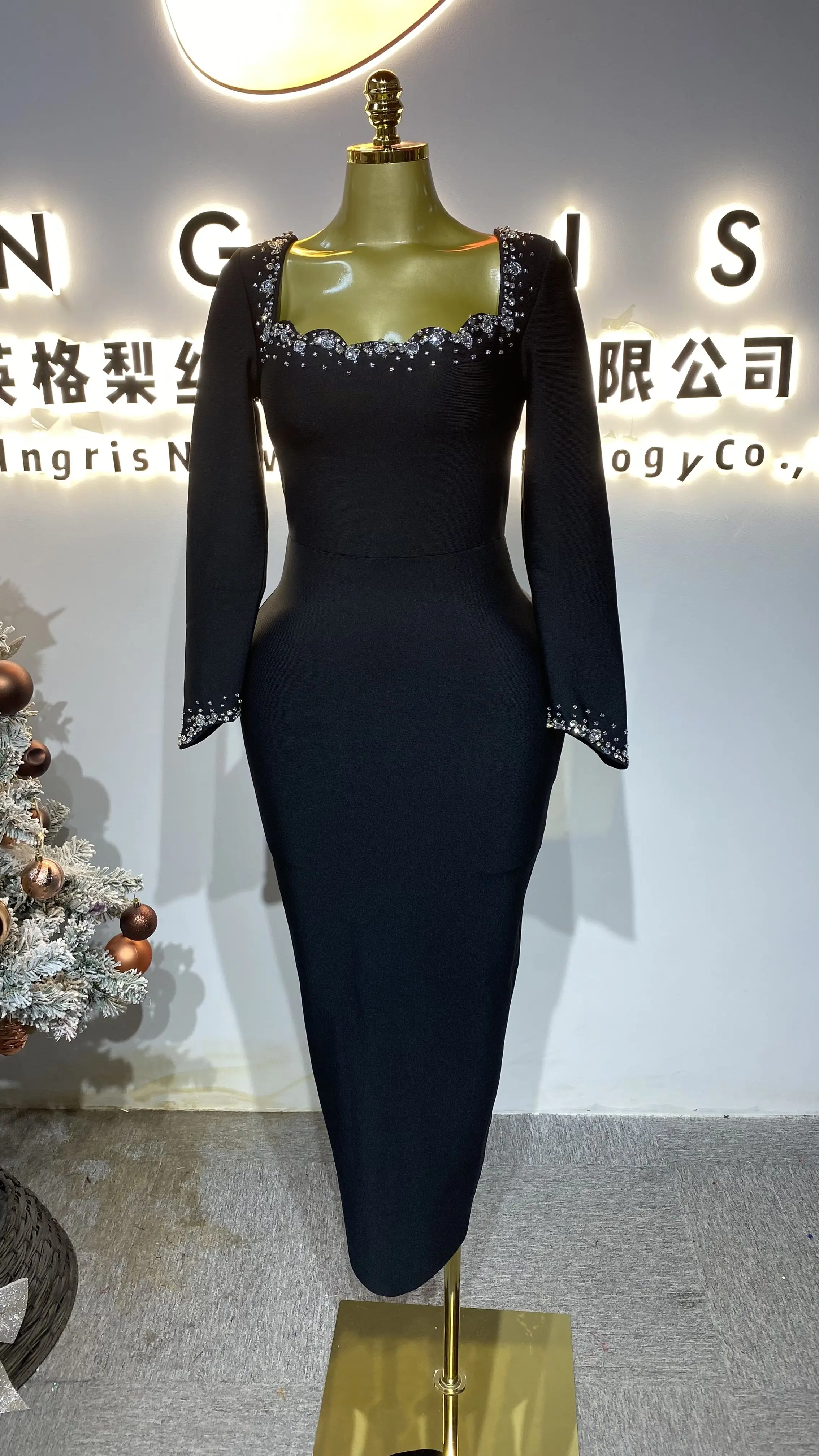 High-quality crystal long-sleeved ball gown, elegant bandage evening dress for women-GZXX343
