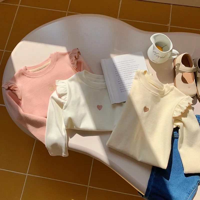 Kids Long Sleeved Undershirt Spring Autumn Girls Cute Love-shirts 2-10T Children Girls Sweet Tops Bottoming Shirt