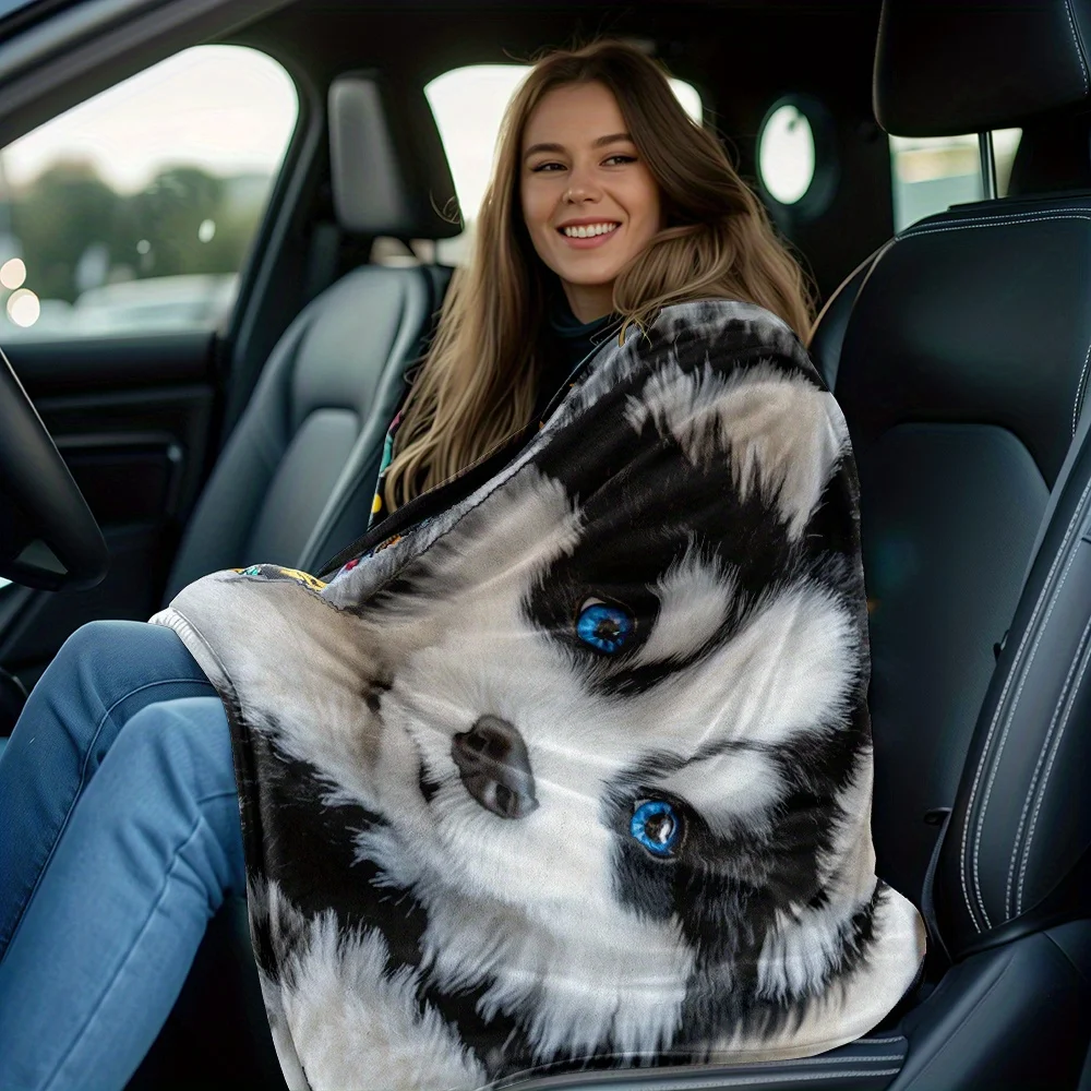Cute Husky Puppy Print Portable Blanket Flannel Throw for Sofa, Bed, Travel, Camping, Livingroom Bed - Digital Printing Fleece
