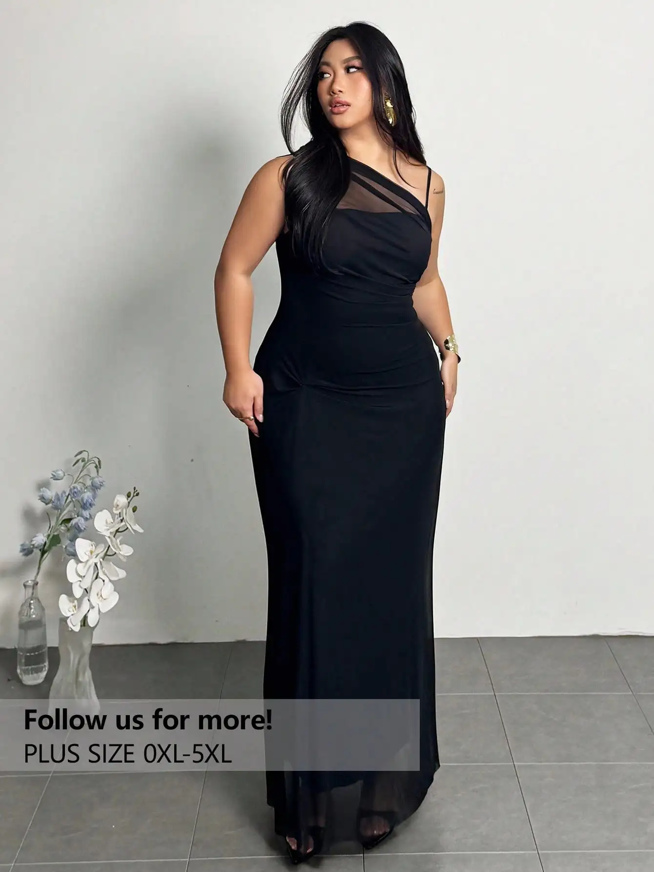 

Черное асимметричное прозрачное облегающее платье макси больших размеров с драпировкой на шее для вечерних мероприятий, офиса и фестивалей