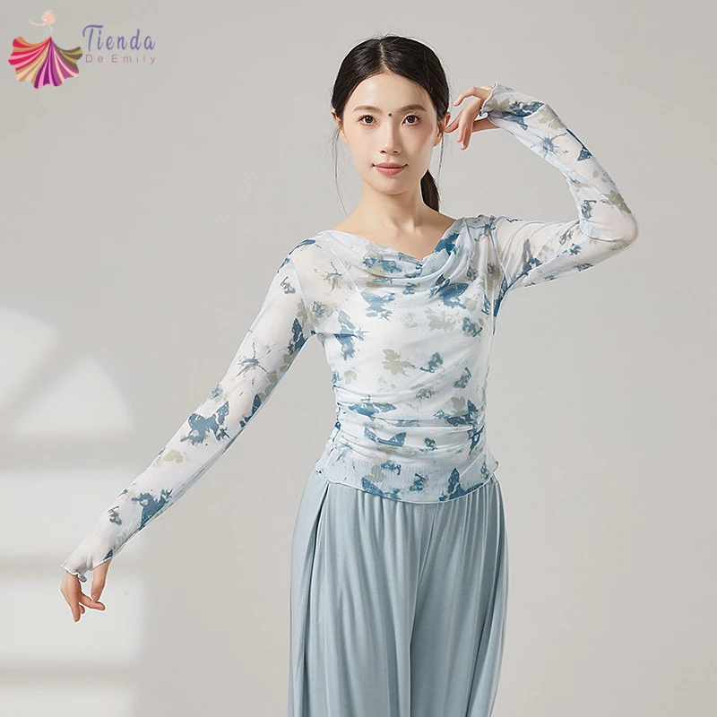 Women's Dance Suit Top Long Thumb Finger Sleeve Gauze Mesh Butterfly Printed Pleat Sheer Shirt Practice Costumes Casual Clothes