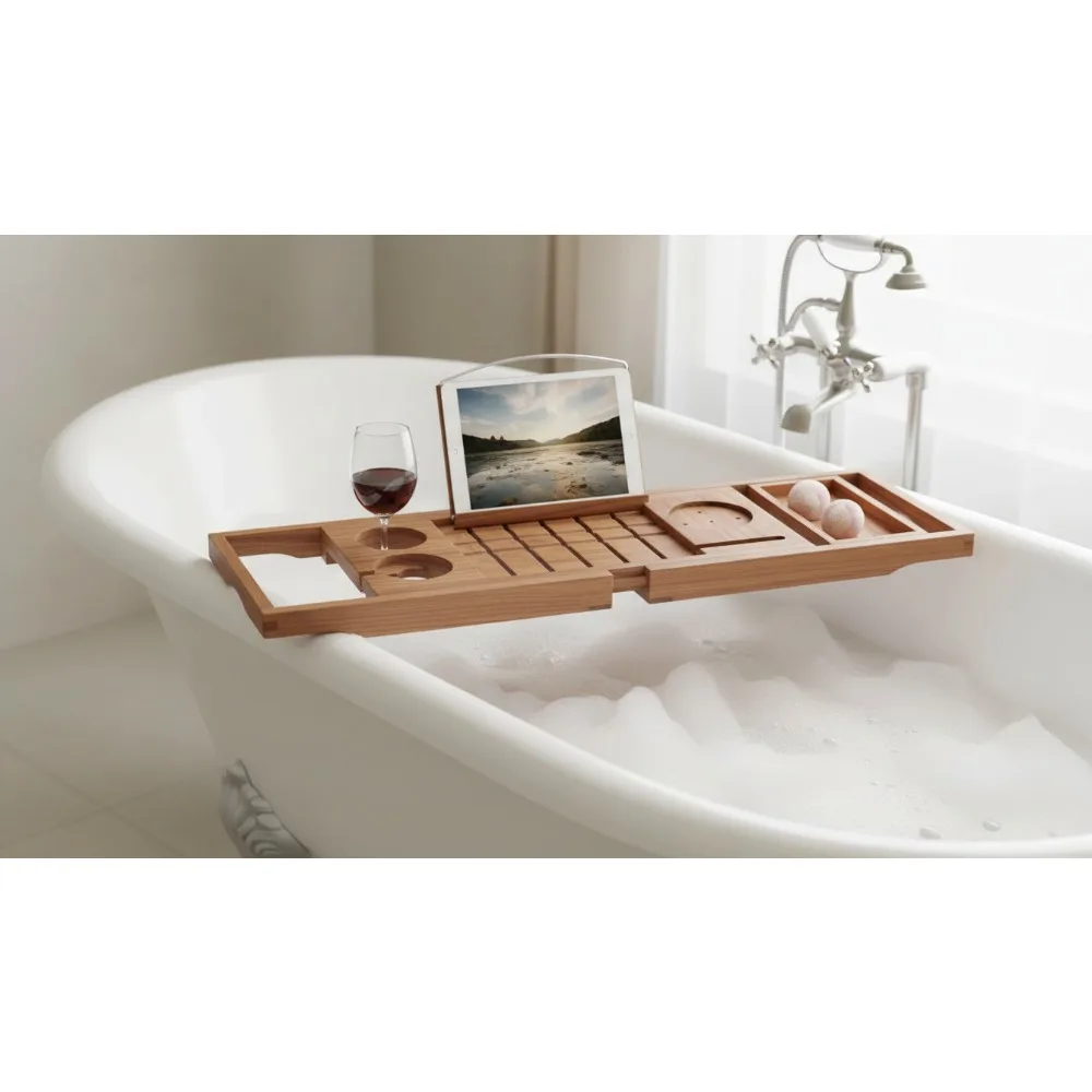 

Expandable Teak Bathtub Tray with Wine Glass Holder, Luxury Bath Organizer for Relaxing Spa Experience - Perfect Gift