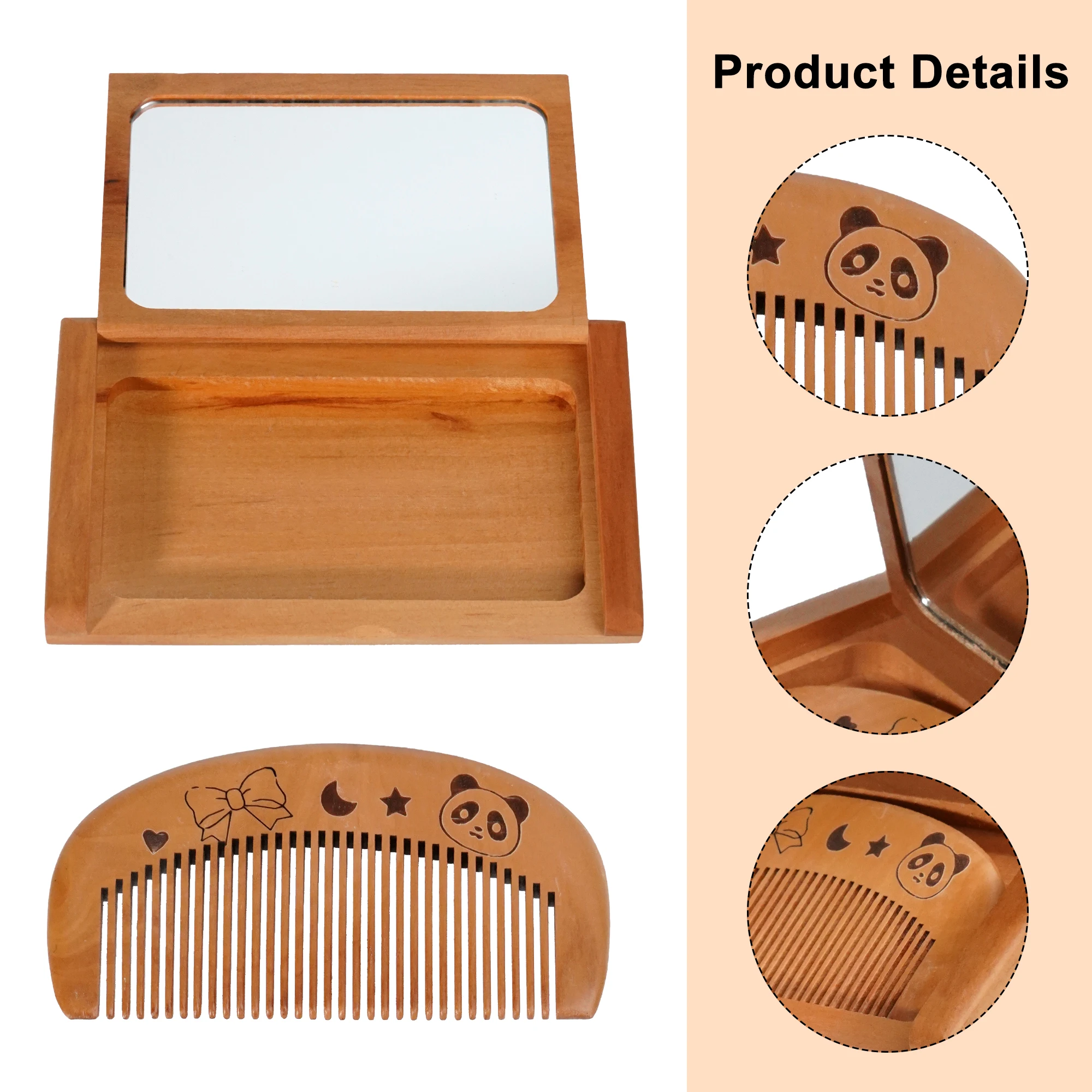 1pc Portable 2 in 1 Folding Comb Mirror Set Peachwood & Rosewood Folding Hair Comb Women Accessories