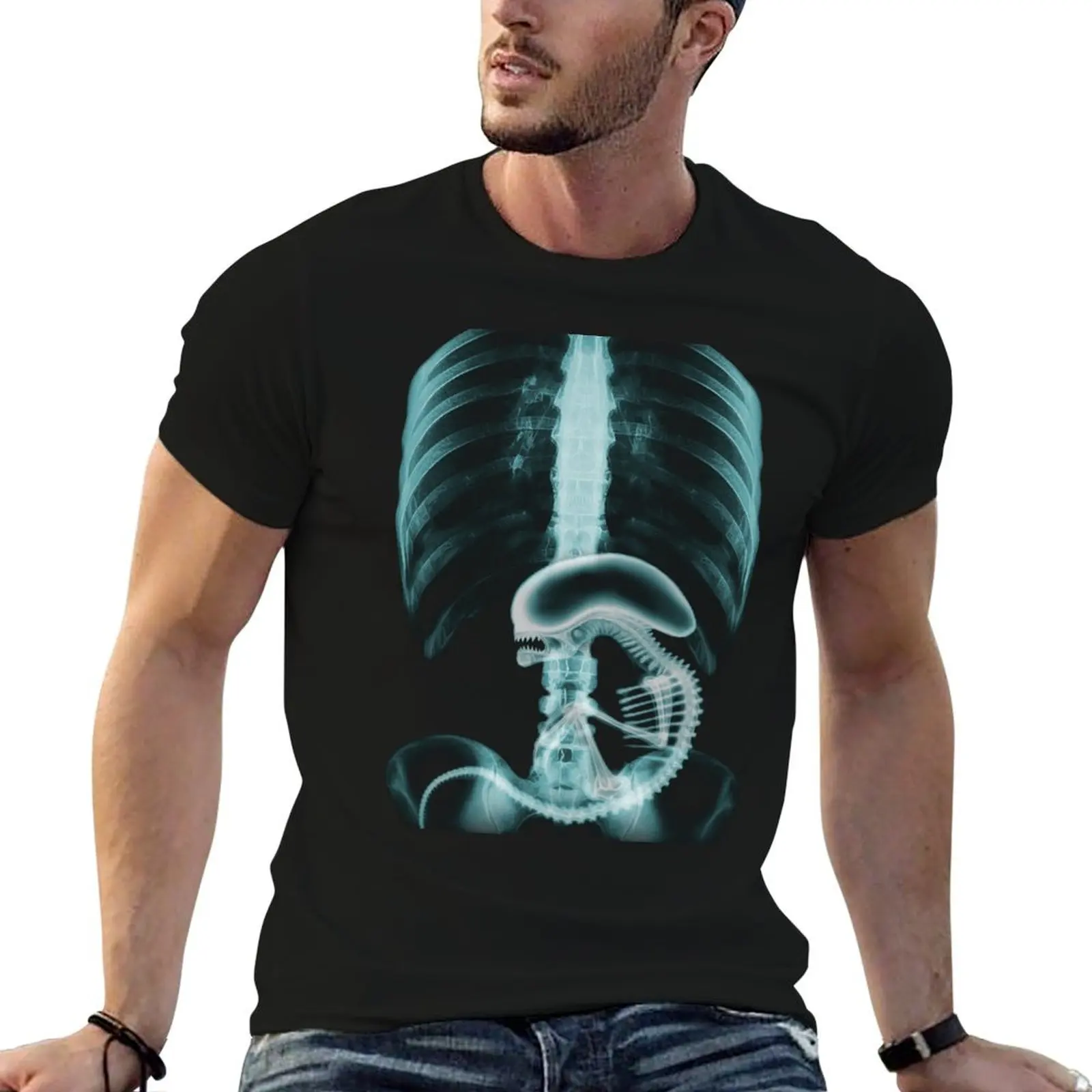 Alien radiography v2, Alien X-ray v2, camiseta azul, camisetas de anime para hombre, camisetas gráficas para hombre, camiseta de verano