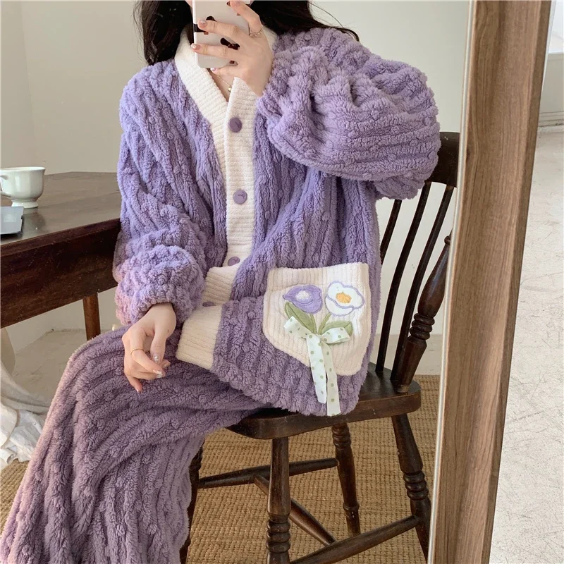 V-neck Coral Fleece Pajama Sets Women Flower Design Sweet Warm Sleepwear Home Casual Girls Plus Velvet Thicker Aesthetic Winter