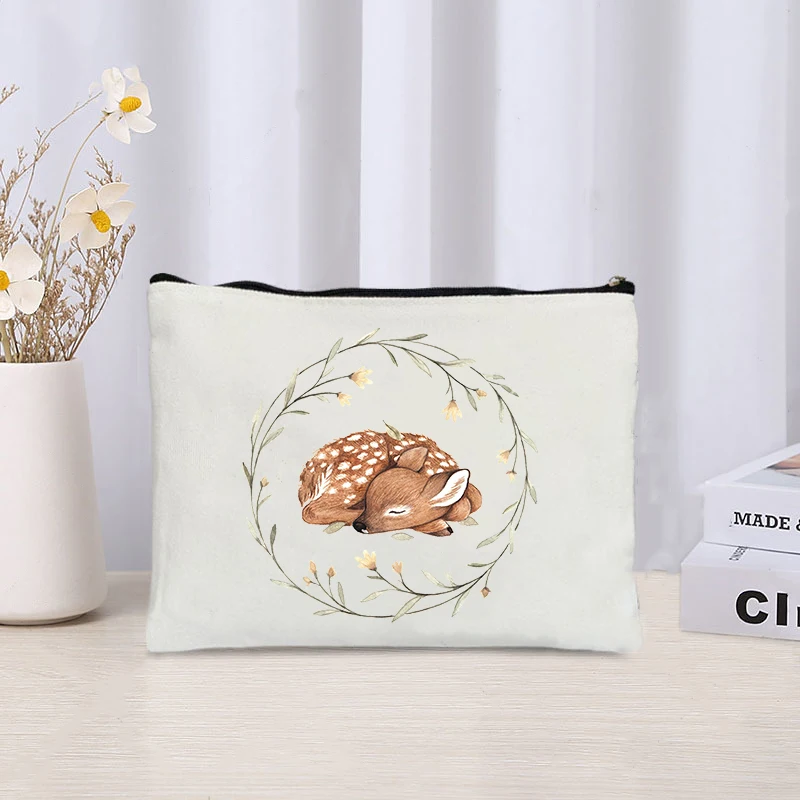 Eco Canvas Travel Cosmetic Organizer, Cute Animals Makeup Bag para Mulheres, Material de Escritório, Bolsa De Armazenamento, Presente Do Partido, Sacos De Higiene Pessoal