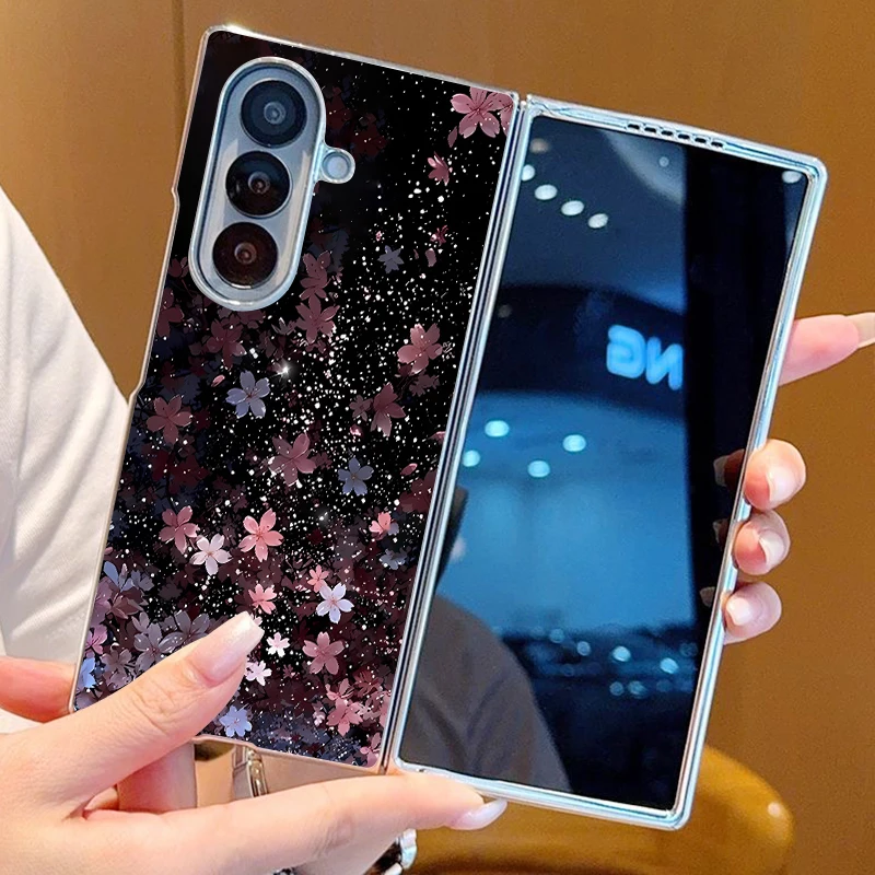 Lychee Texture PU Leather Phone Case For Samsung Galaxy Z Fold 7 6 5 Fold7 Fold6 Silver Plating Frame Cherry Blossom Hard Cover