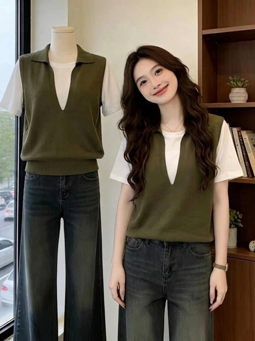 

plus Size Summer Knitwear Short Sleeve Loose Women's Faux Two-Piece Slimming Top Korean Style Comfortable Breathable Casual S...