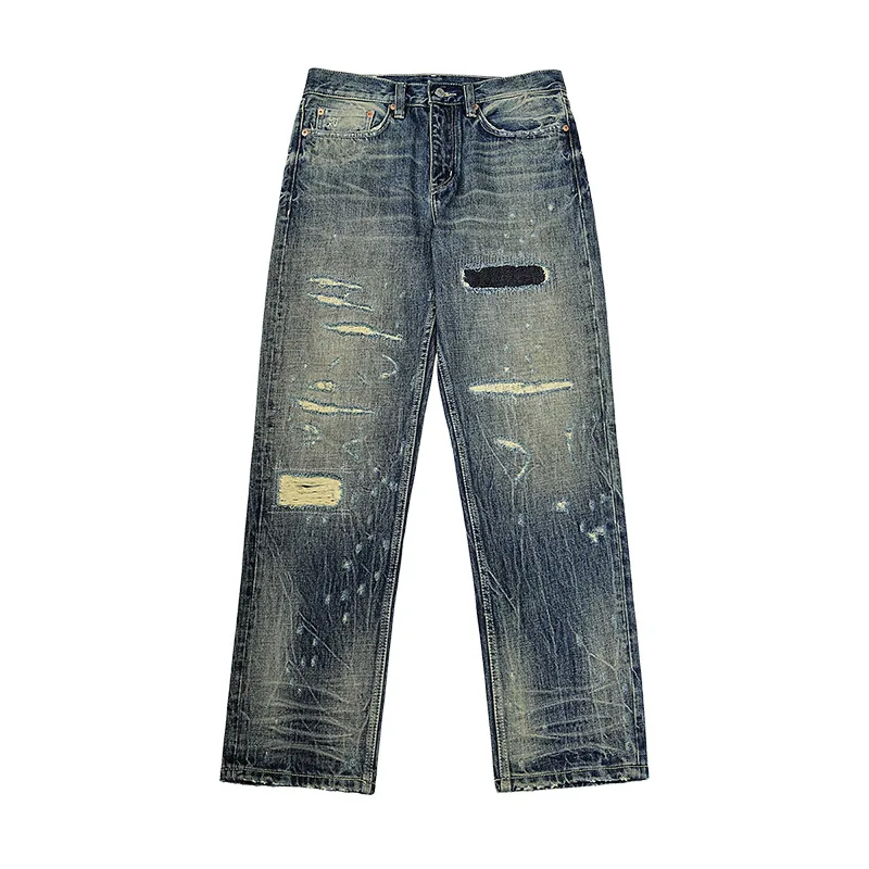 بنطال جينز ريترو للرجال بتصميم رقعة ممزق وكشط عالي الجودة، بنطال مستقيم الساق مغسول ثقيل الوزن