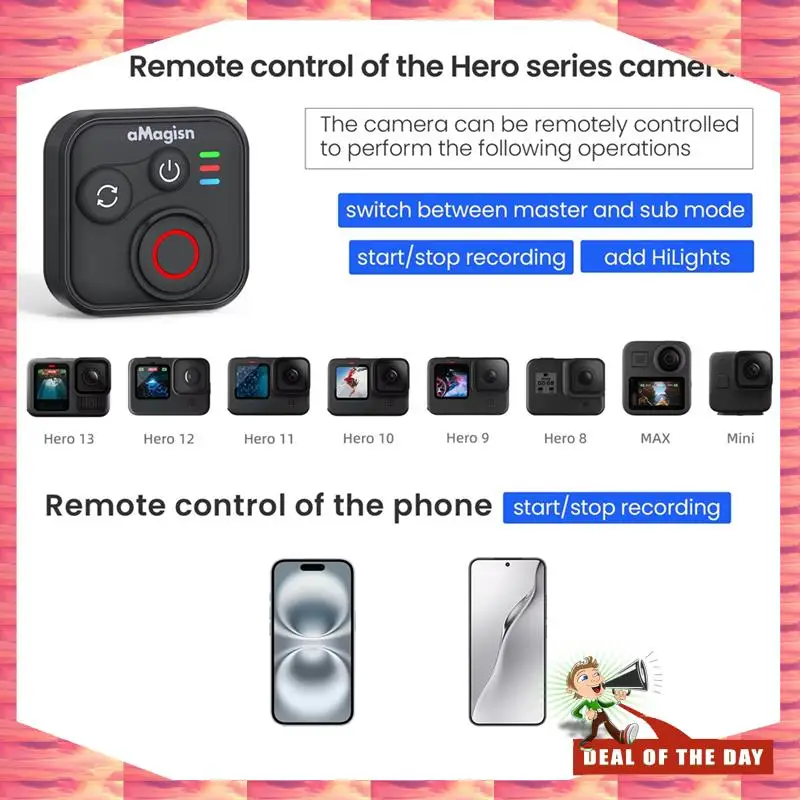 24-Hour Delivery AMAGISN Bluetooth Wireless Remote Control For Gopro Hero 13/12/10 With Wrist Strap For Sport Camera