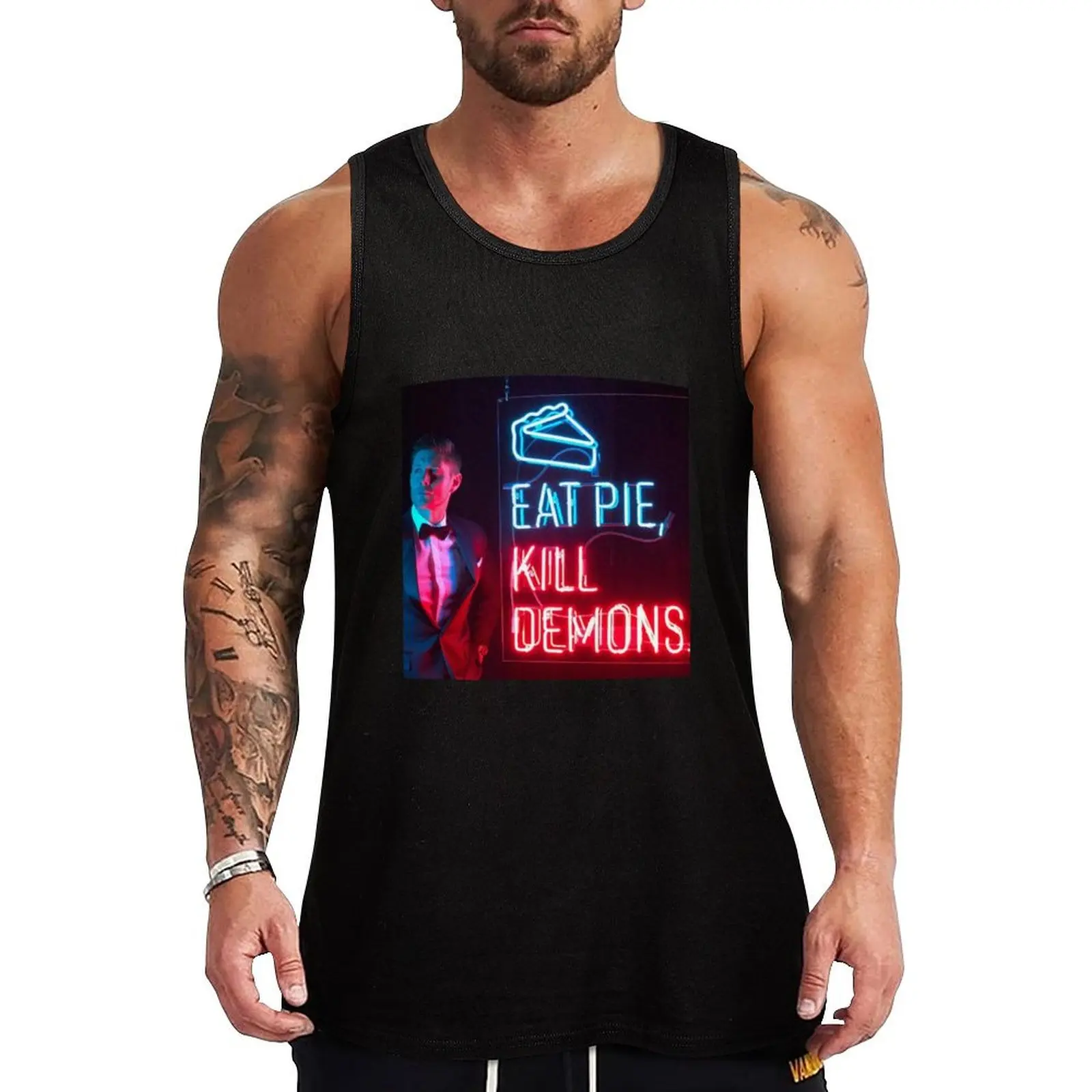 

Eat pie, kill demons. Tank Top Men's tops t shirts Gym clothes Men's summer vest