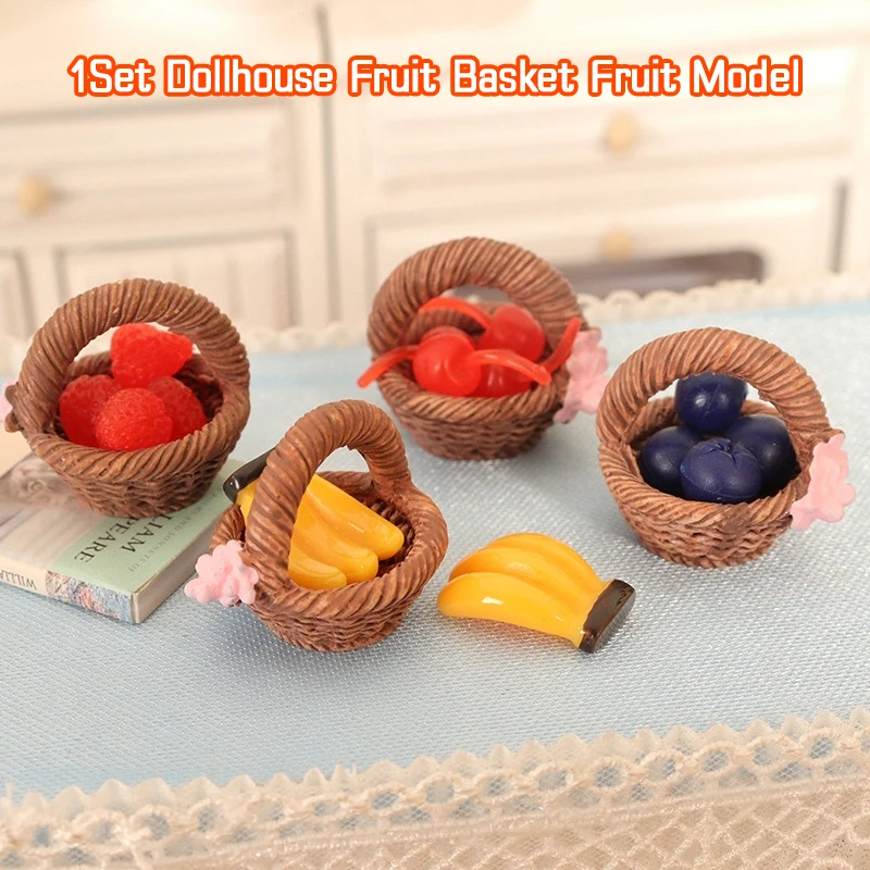 1Set 1:12 Dollhouse Miniature Fruit Basket Simulation Strawberry Blueberry Banana Basket Kitchen Scene Model Bamboo Basket Toy