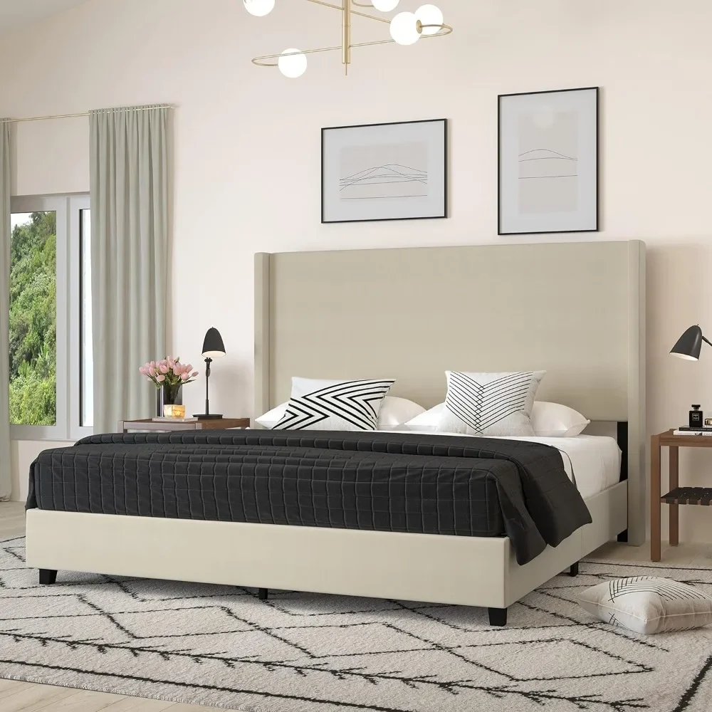 Modern Platform Bed , Padded Wingback Headboard Wood Support Slats - No Box Spring Needed, King Bed Frame