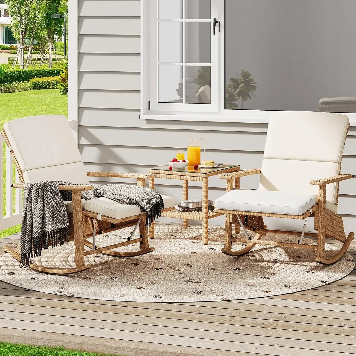 3 PCS Patio Rocking Chair Set, Outdoor Furniture w/ Wicker Adirondack Chairs & Glass Coffee Table Set, Rocking Adirondack Chairs