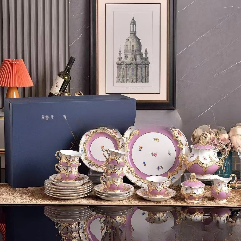 Court style, European afternoon tea, ceramic coffee cups and saucers, pot, sugar milk pot