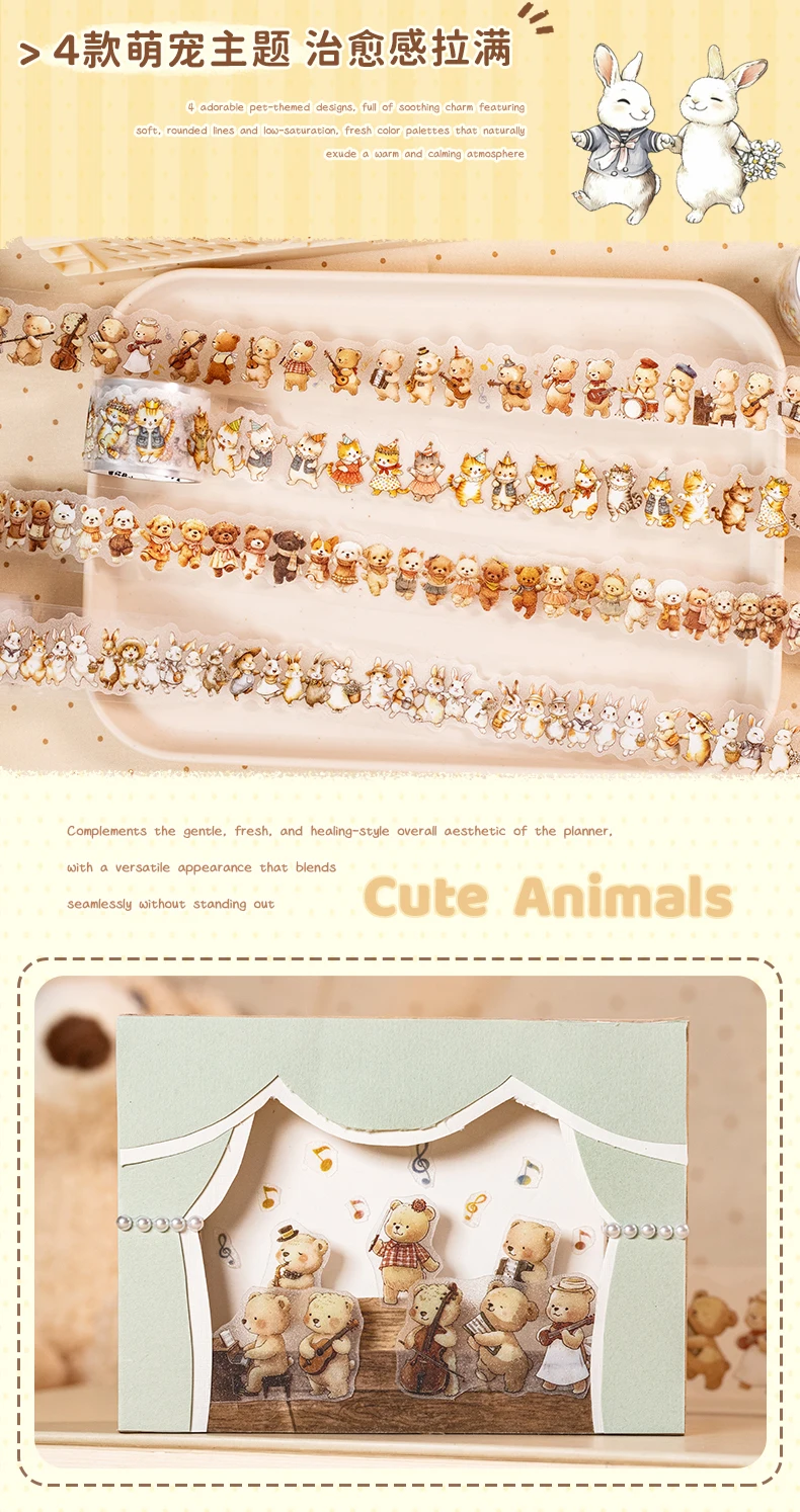 Journal GO 3cmx2m Cute Animals Tape Stickers for Collage Junk Journal Landscape Materials Journal Mobile Phone Laptop diy Decals